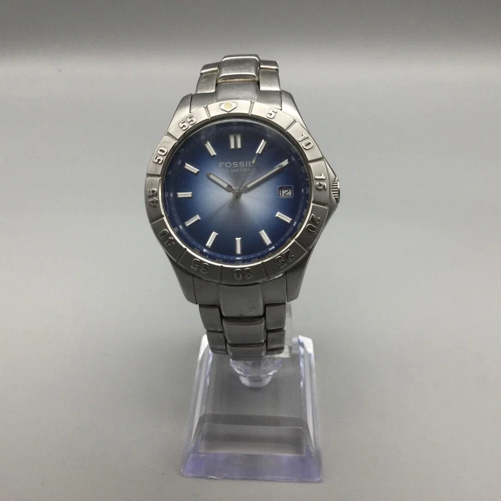 Fossil AM-3689 Mens Watch 40mm Blue Dial Date Stainless New Battery 7.5